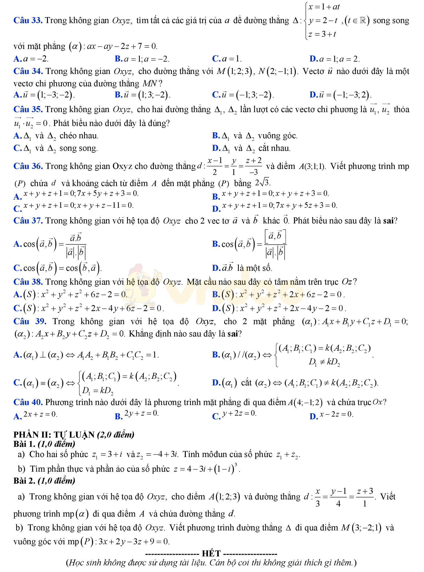Đề thi học kì 2 môn Toán lớp 12 Đề thi học kì 2 môn Toán lớp 12