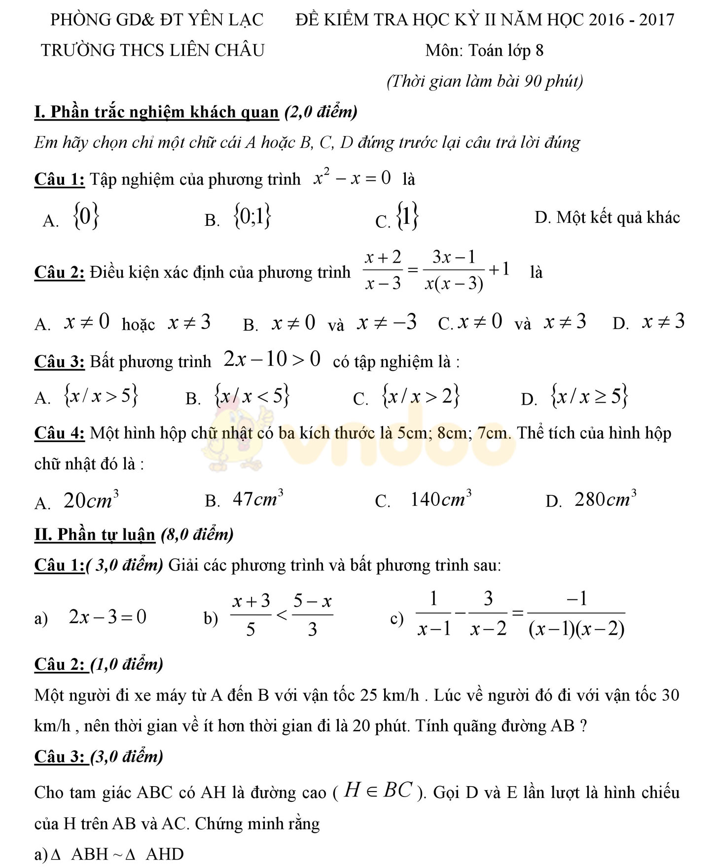 Đề thi học kì 2 môn Toán lớp 8