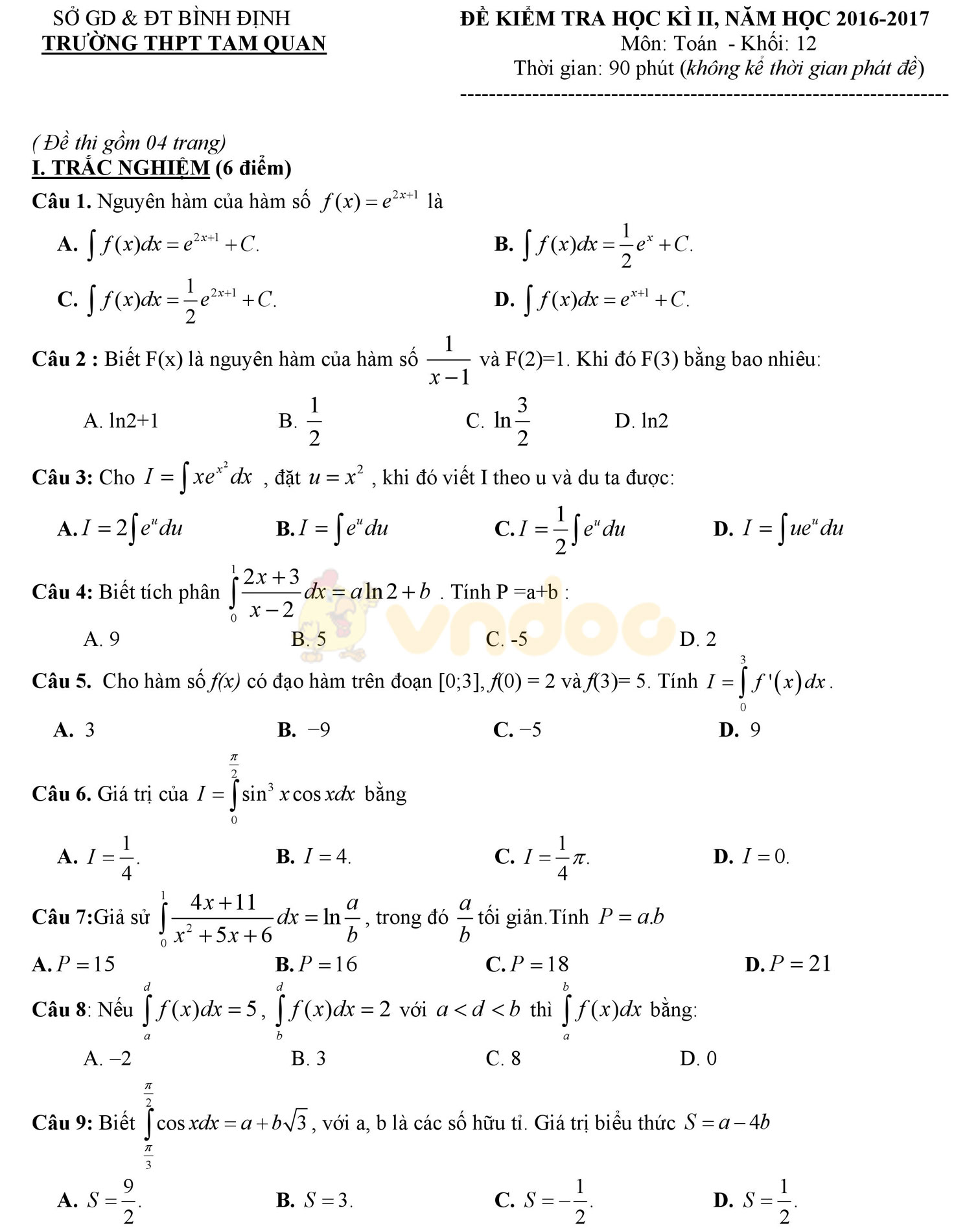Đề thi học kì 2 môn Toán lớp 12 Đề thi học kì 2 môn Toán lớp 12