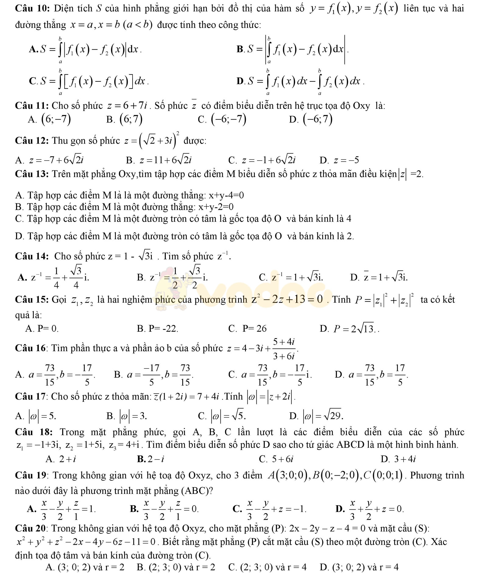 Đề thi học kì 2 môn Toán lớp 12 Đề thi học kì 2 môn Toán lớp 12