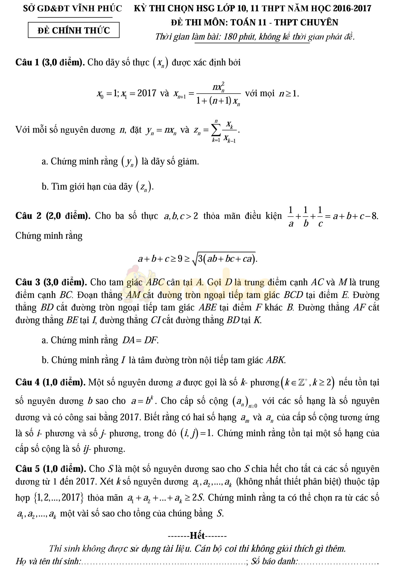 Đề thi học sinh giỏi môn Toán lớp 11
