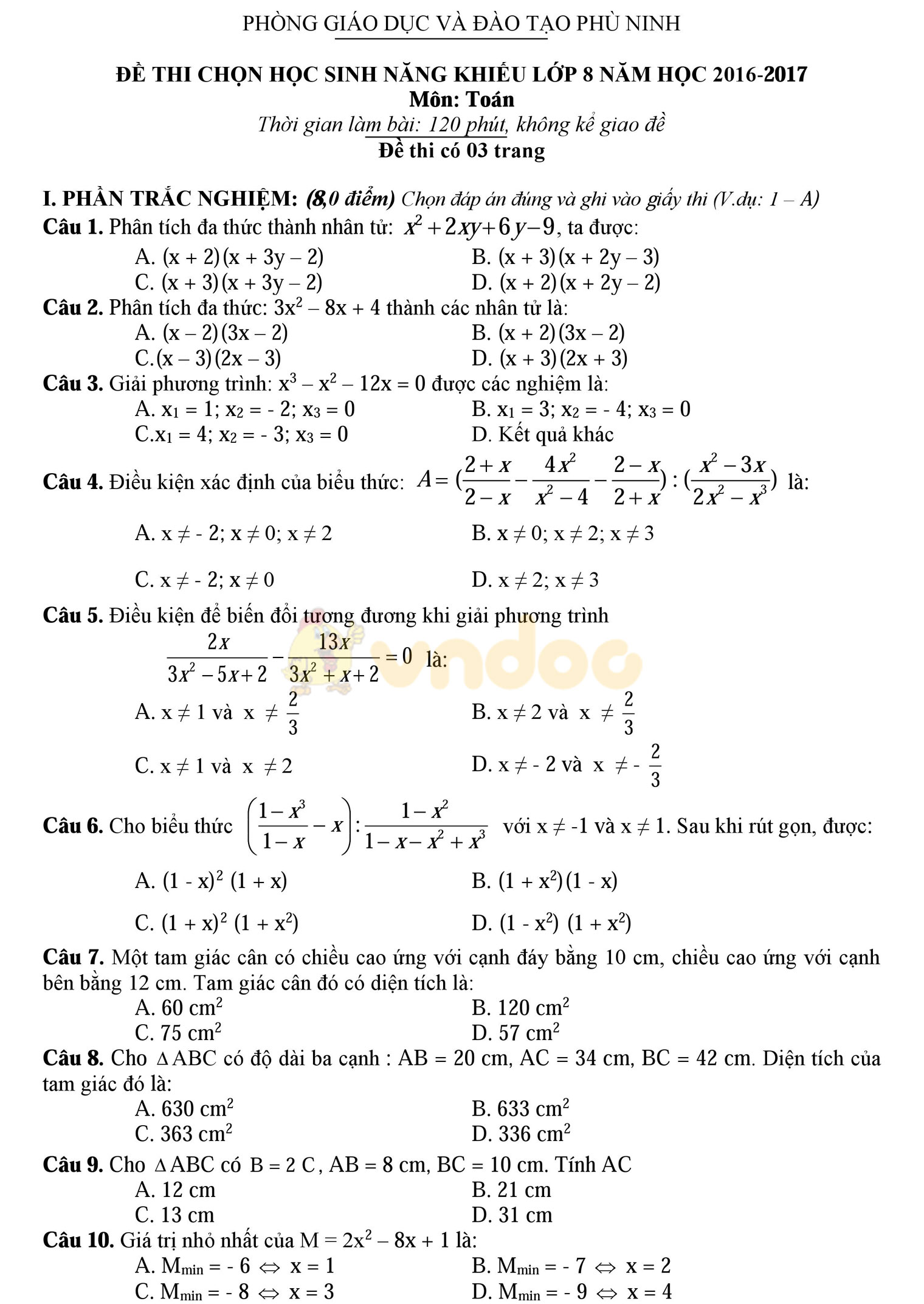 Đề thi học sinh giỏi môn Toán lớp 8