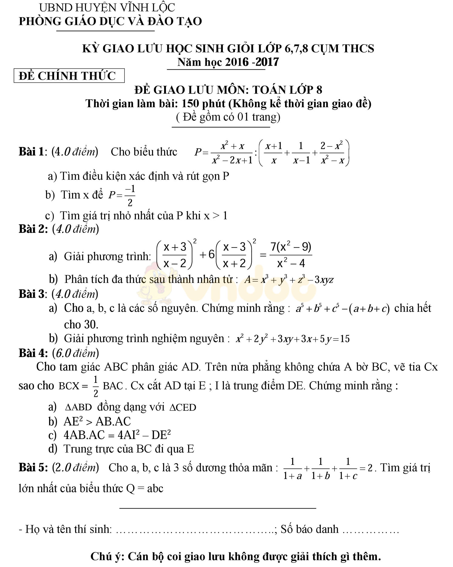 Đề thi học sinh giỏi môn Toán lớp 8 Đề thi học sinh giỏi môn Toán lớp 8