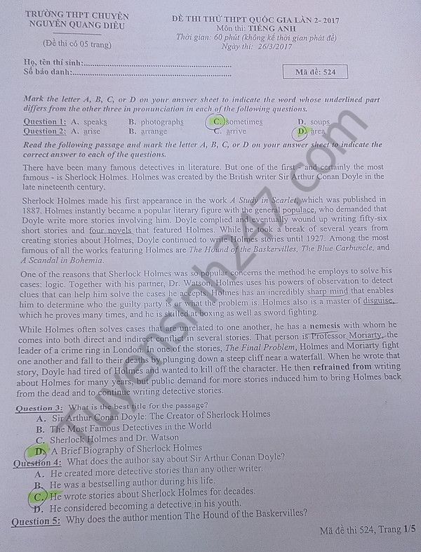 Đề thi thử THPT Quốc gia năm 2017 môn Tiếng Anh Đề thi thử THPT Quốc gia năm 2017 môn Tiếng Anh trường THPT Nguyễn Quang Diêu, Đồng Tháp (Lần 2)