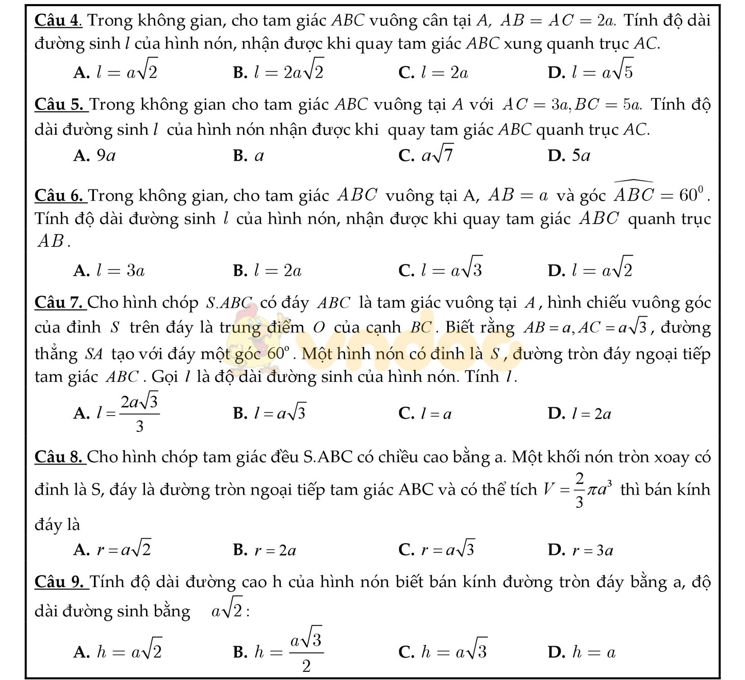 Trắc nghiệm mặt nón, mặt trụ, mặt cầu Trắc nghiệm mặt nón, mặt trụ, mặt cầu