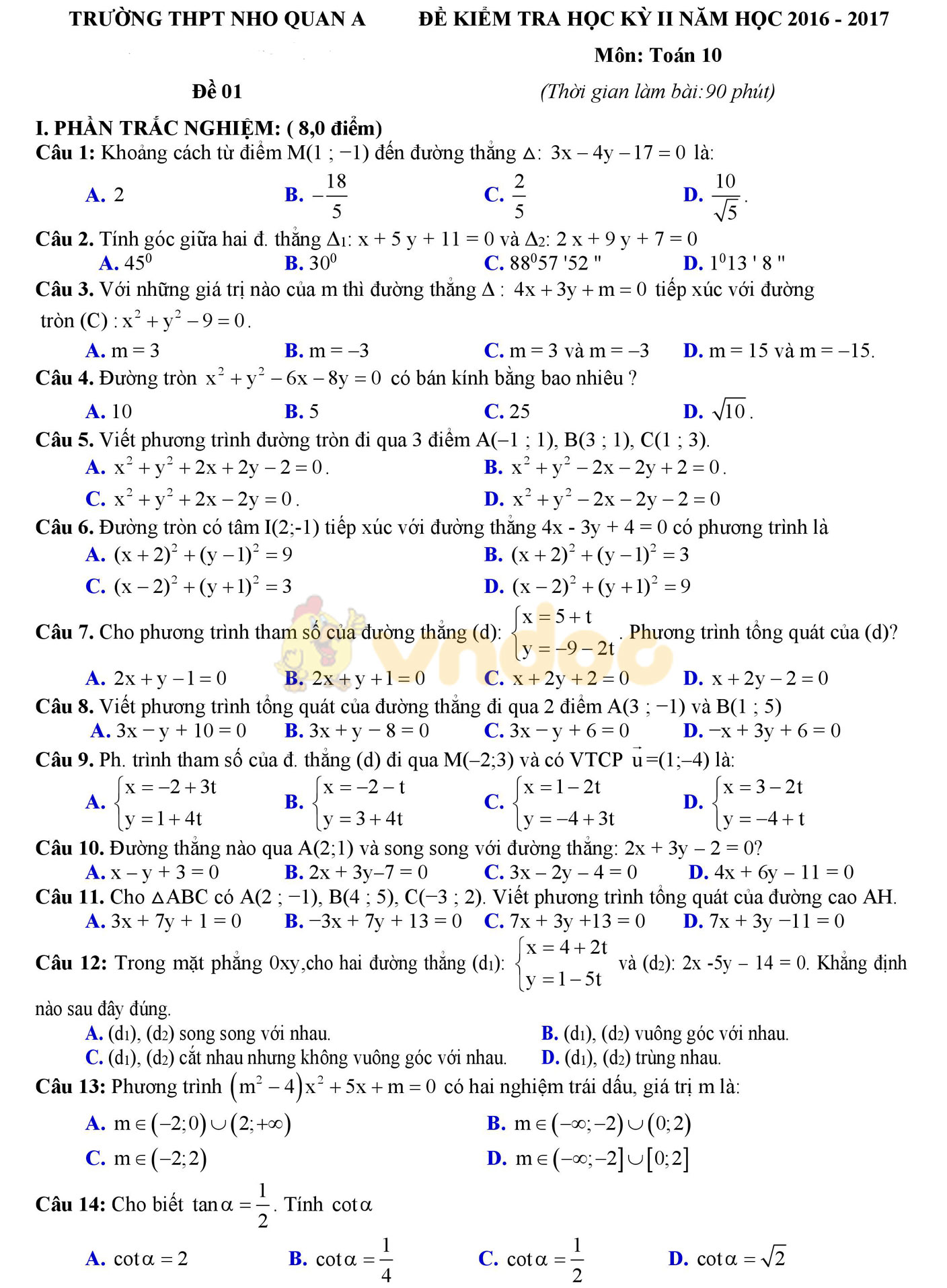 Đề thi học kì 2 môn Toán lớp 10