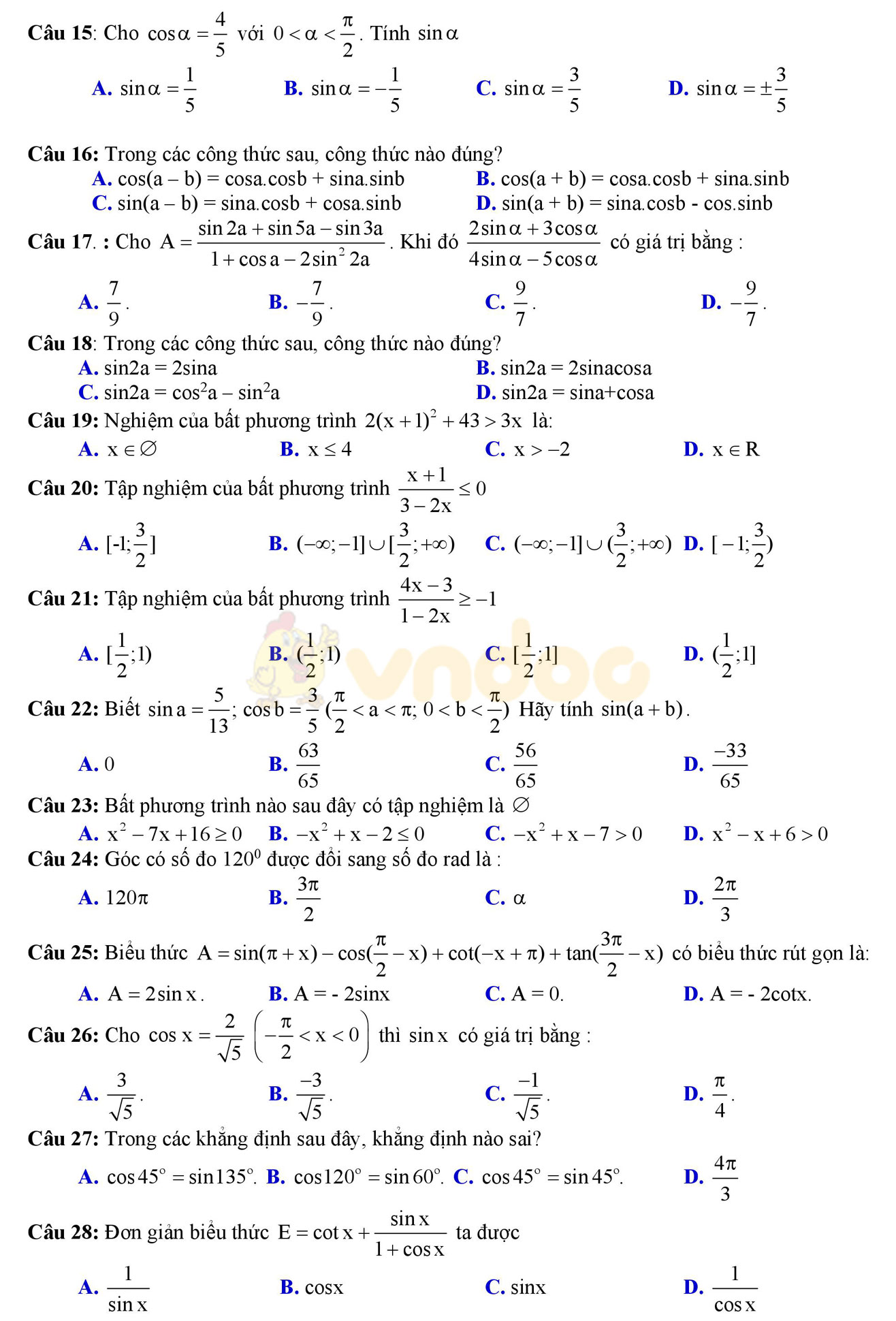 Đề thi học kì 2 môn Toán lớp 10