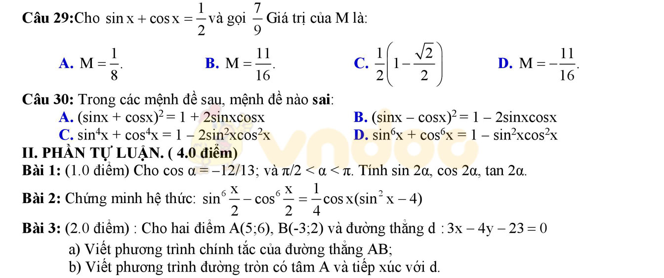 Đề thi học kì 2 môn Toán lớp 10