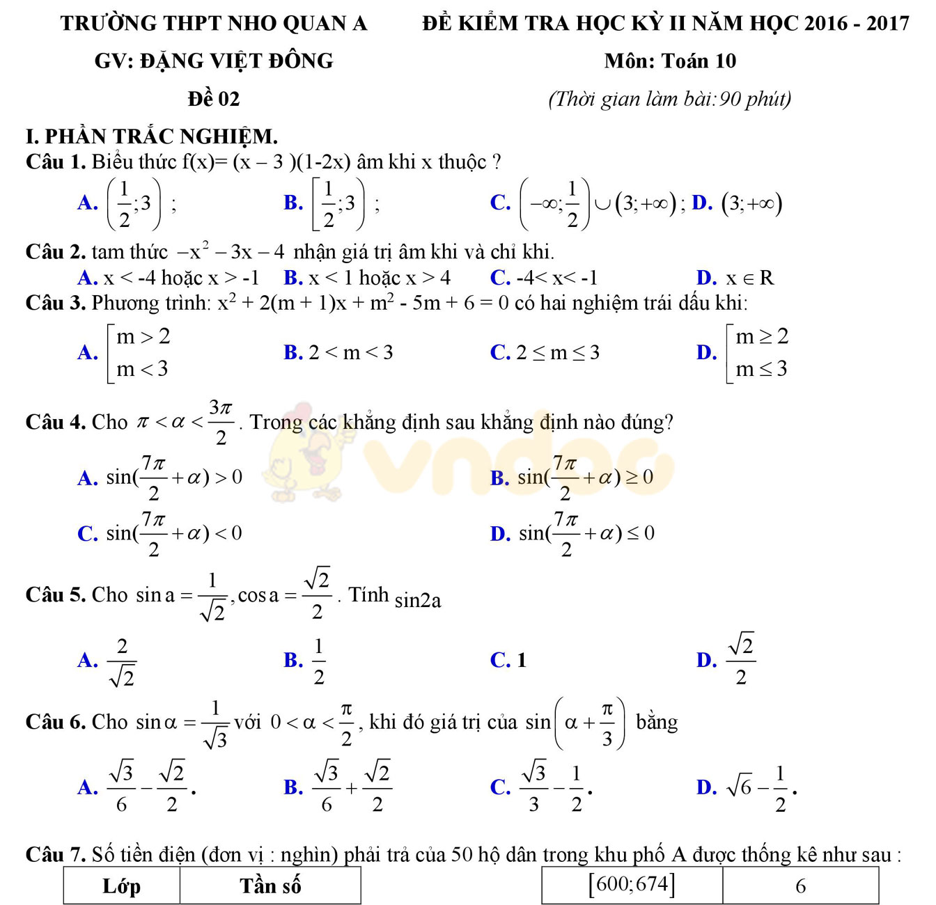 Đề thi học kì 2 môn Toán lớp 10