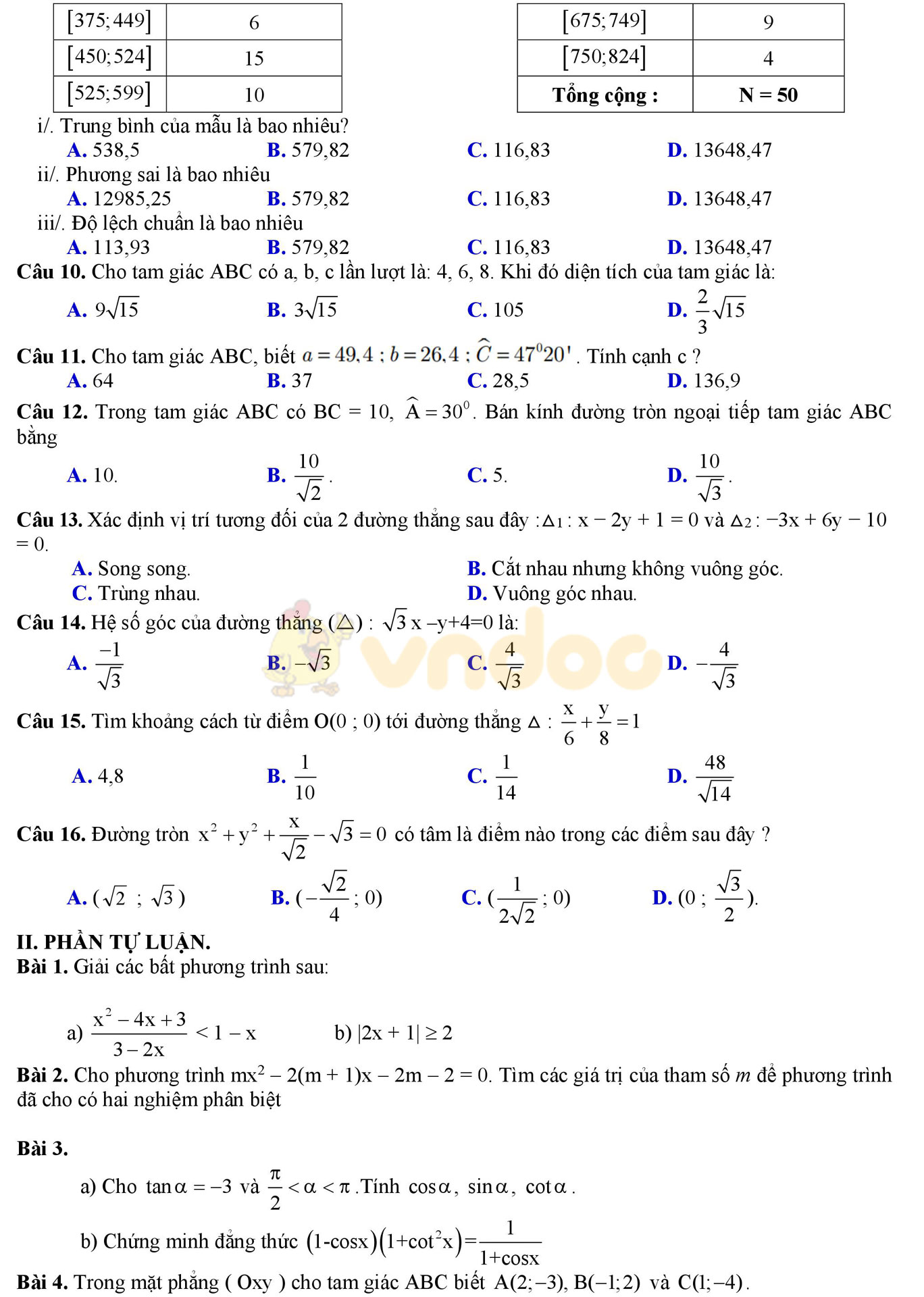 Đề thi học kì 2 môn Toán lớp 10