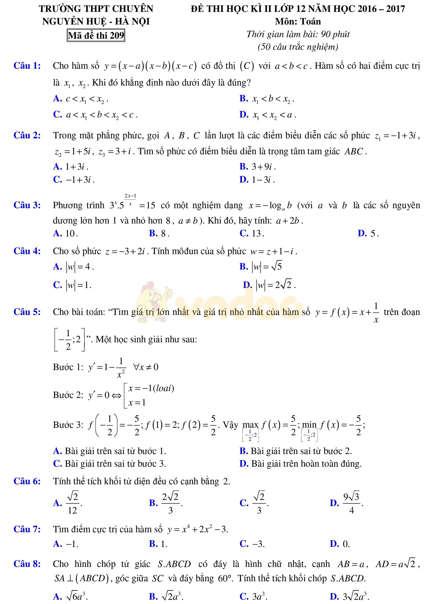 Đề thi học kì 2 môn Toán lớp 12