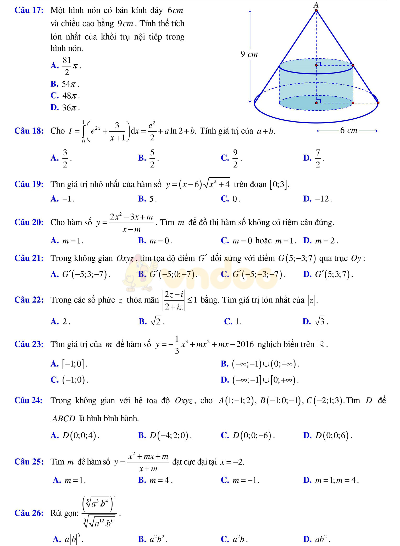 Đề thi học kì 2 môn Toán lớp 12