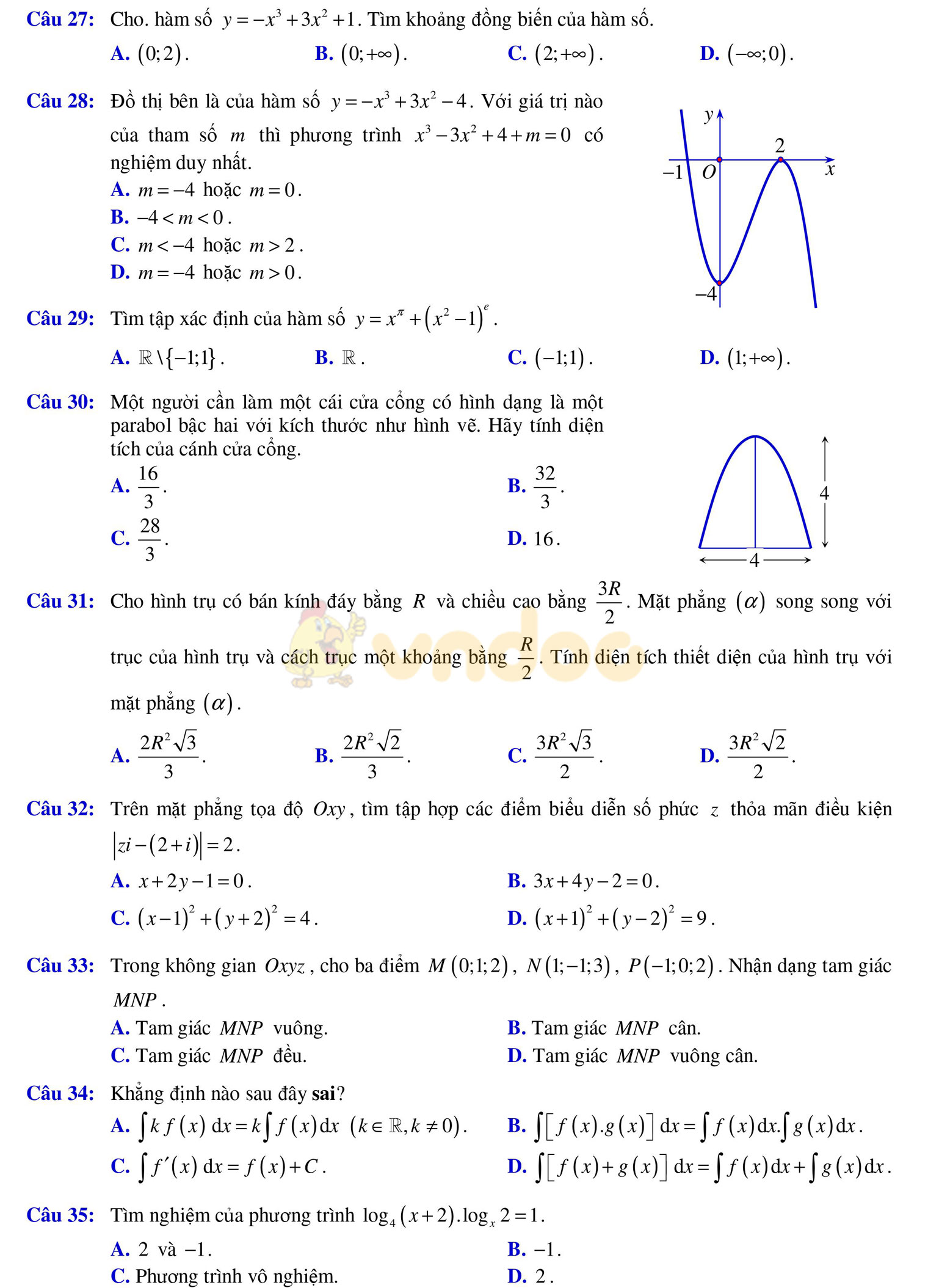 Đề thi học kì 2 môn Toán lớp 12