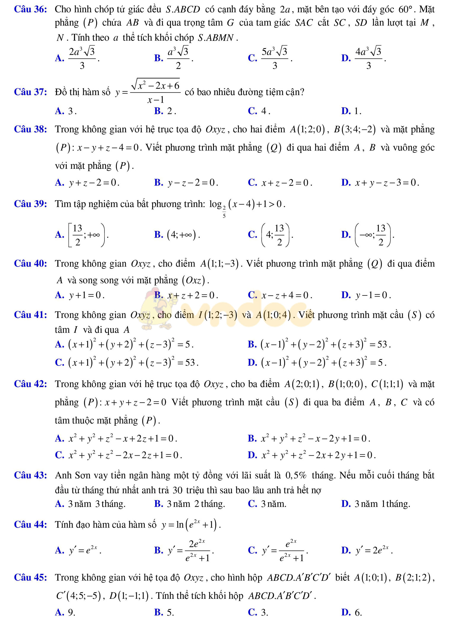 Đề thi học kì 2 môn Toán lớp 12