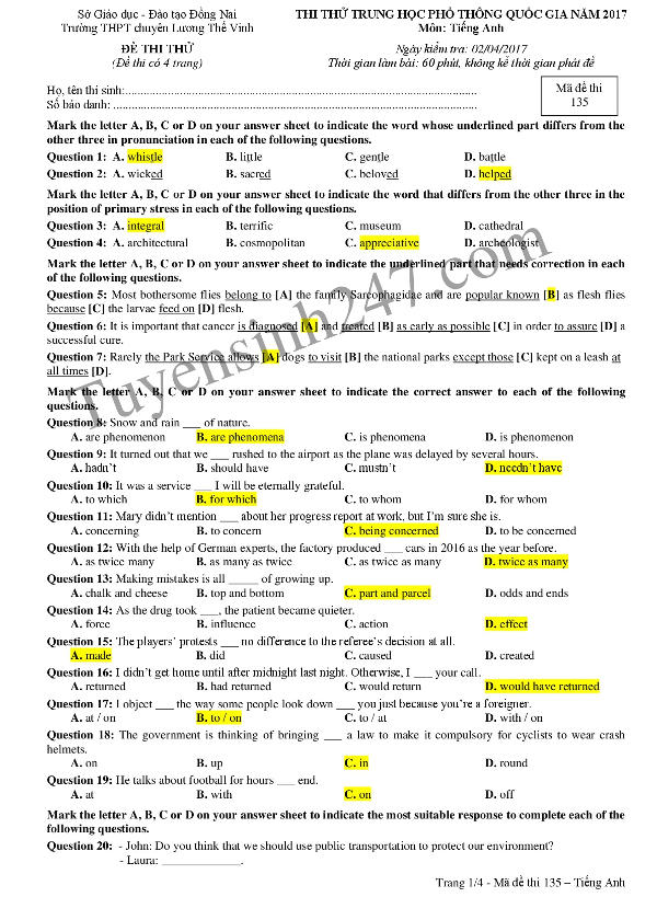 Đề thi thử THPT Quốc gia năm 2017 có đáp án Đề thi thử THPT Quốc gia năm 2017