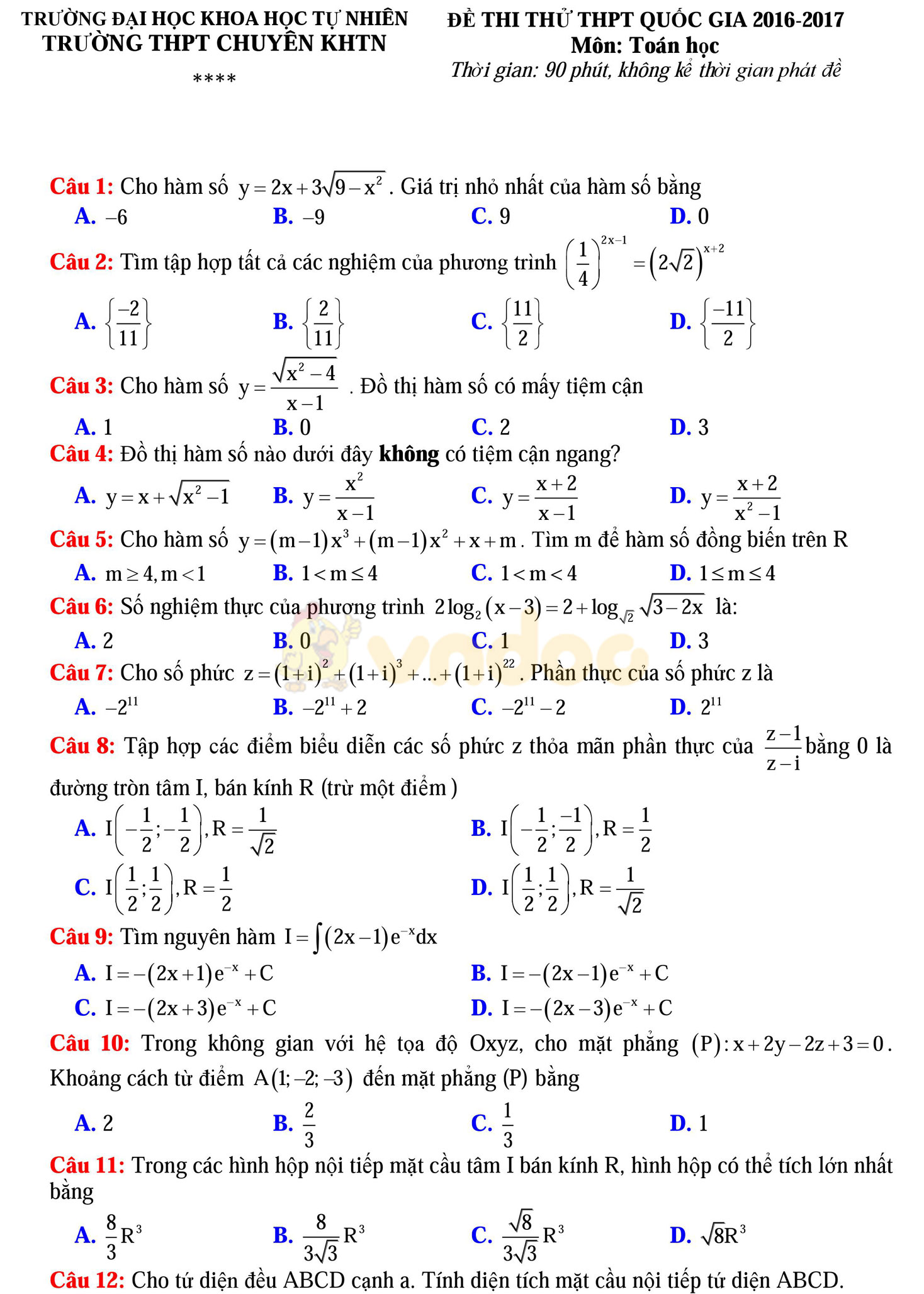Đề thi thử THPT Quốc gia năm 2017 môn Toán