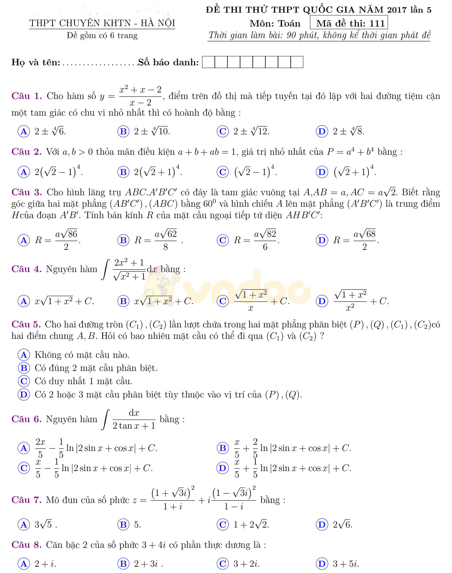 Đề thi thử THPT Quốc gia năm 2017 môn Toán Đề thi thử THPT Quốc gia năm 2017 môn Toán