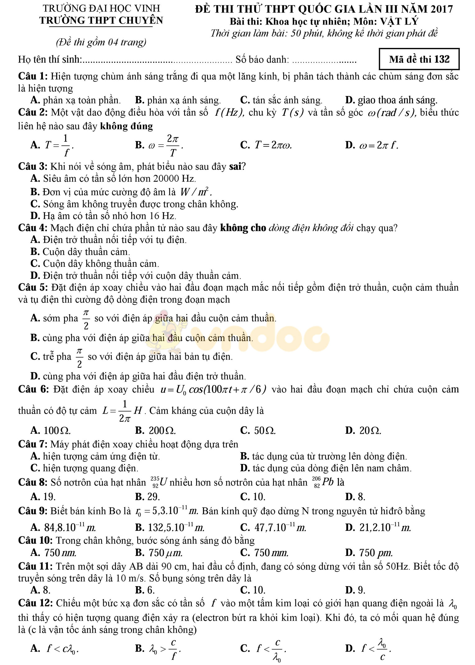 Đề thi thử THPT Quốc gia năm 2017 môn Vật lý