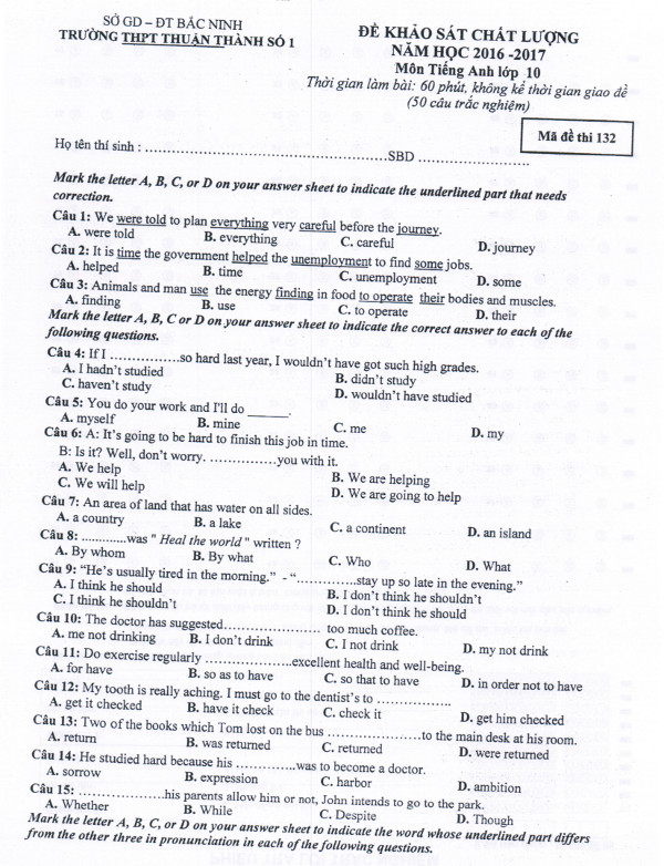 Đề khảo sát môn Tiếng Anh lớp 10 có đáp án Đề khảo sát môn Tiếng Anh lớp 10