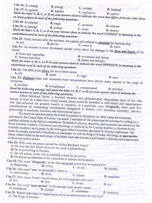 Đề khảo sát môn Tiếng Anh lớp 10 trường THPT Thuận Thành 1, Bắc Ninh Đề khảo sát môn Tiếng Anh lớp 10 có đáp án
