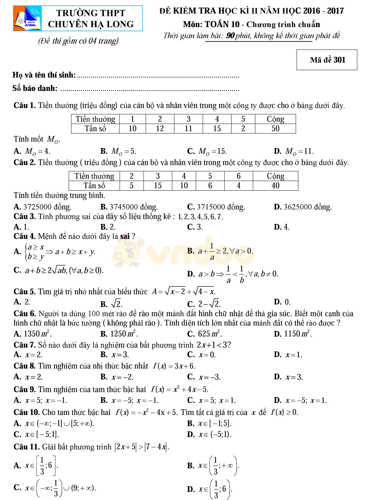 Đề thi học kì 2 môn Toán lớp 10 Đề thi học kì 2 môn Toán lớp 10
