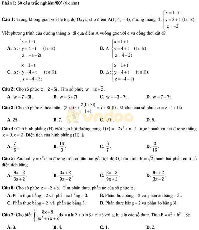 Đề thi học kì 2 môn Toán lớp 12 trường THPT Nguyễn Du, TP Hồ Chí Minh năm học 2016 - 2017 Đề thi học kì 2 môn Toán lớp 12 có đáp án