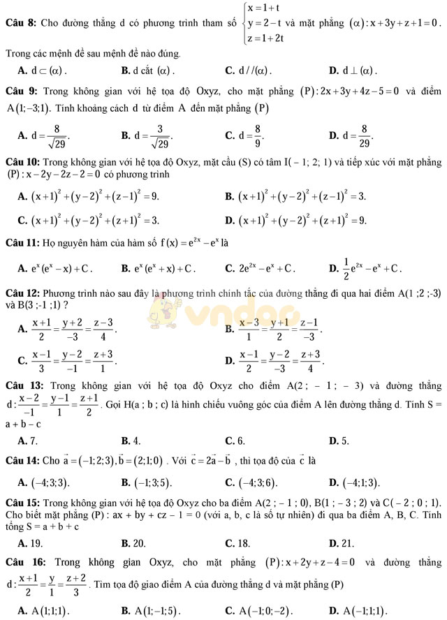 Đề thi học kì 2 môn Toán lớp 12 trường THPT Nguyễn Du, TP Hồ Chí Minh năm học 2016 - 2017 Đề thi học kì 2 môn Toán lớp 12 có đáp án