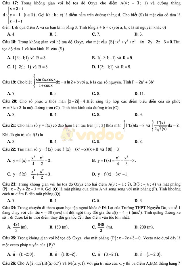 Đề thi học kì 2 môn Toán lớp 12 trường THPT Nguyễn Du, TP Hồ Chí Minh năm học 2016 - 2017 Đề thi học kì 2 môn Toán lớp 12 có đáp án