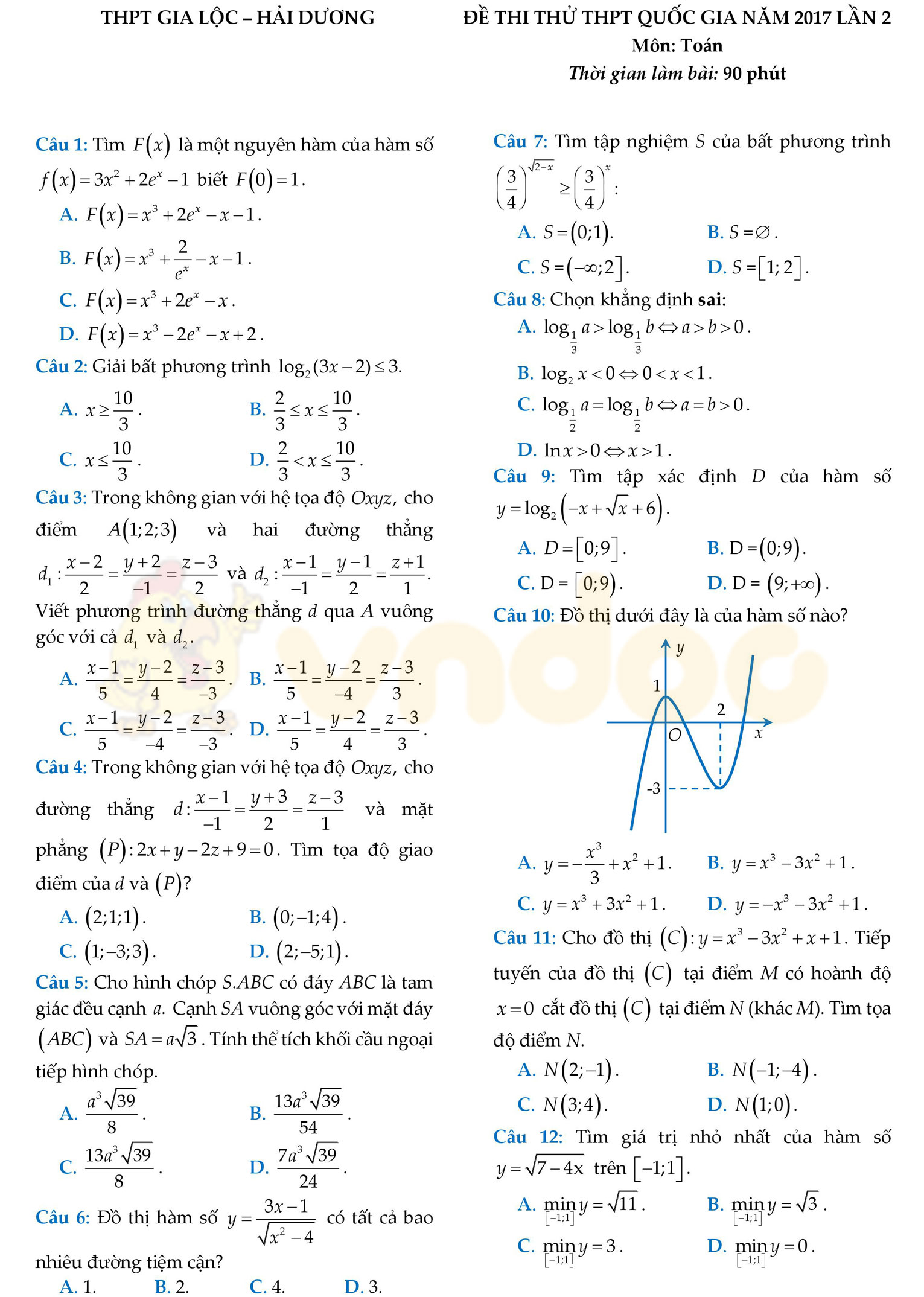 Đề thi thử THPT Quốc gia năm 2017 môn Toán