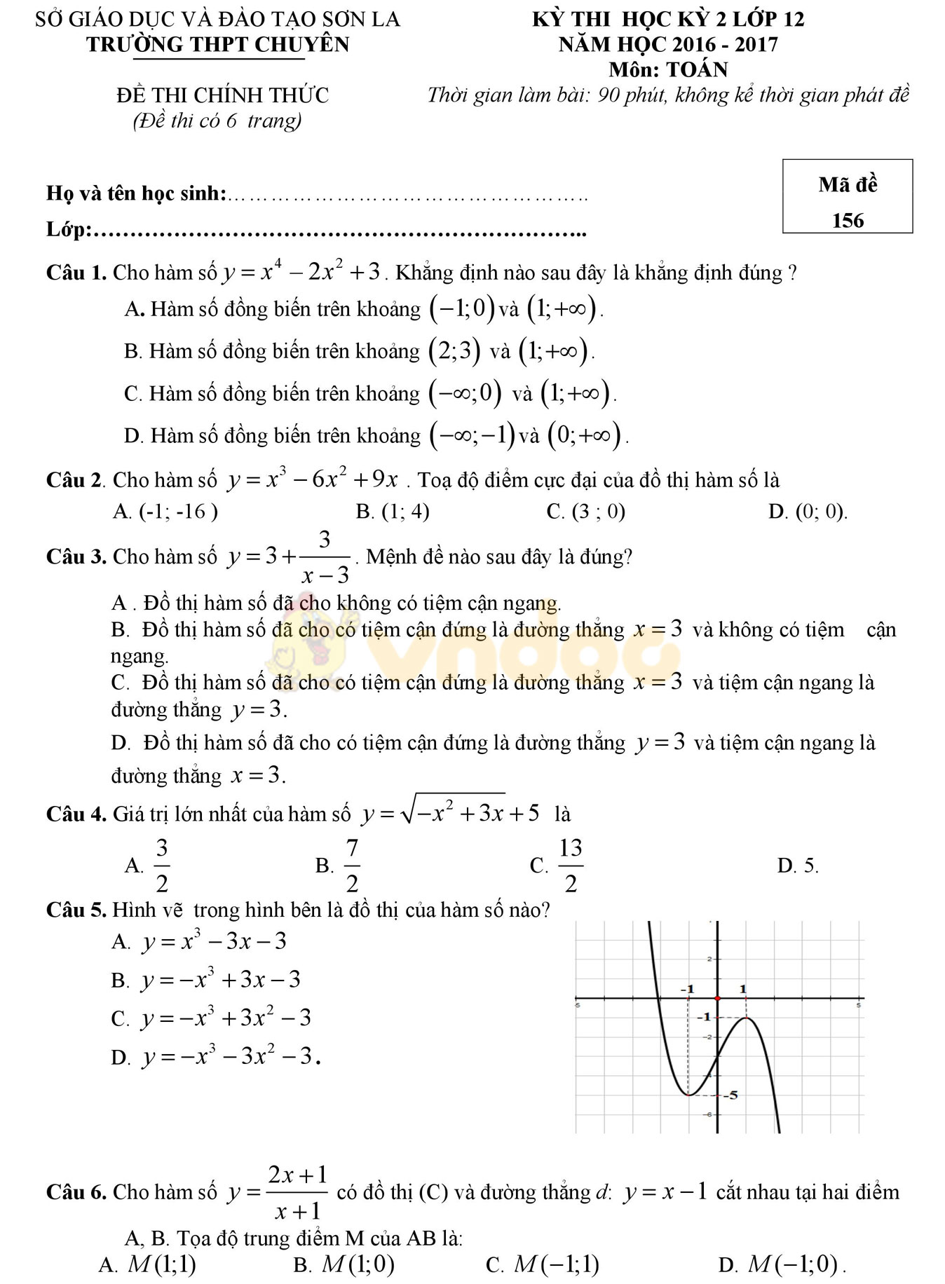 Đề thi học kì 2 môn Toán lớp 12