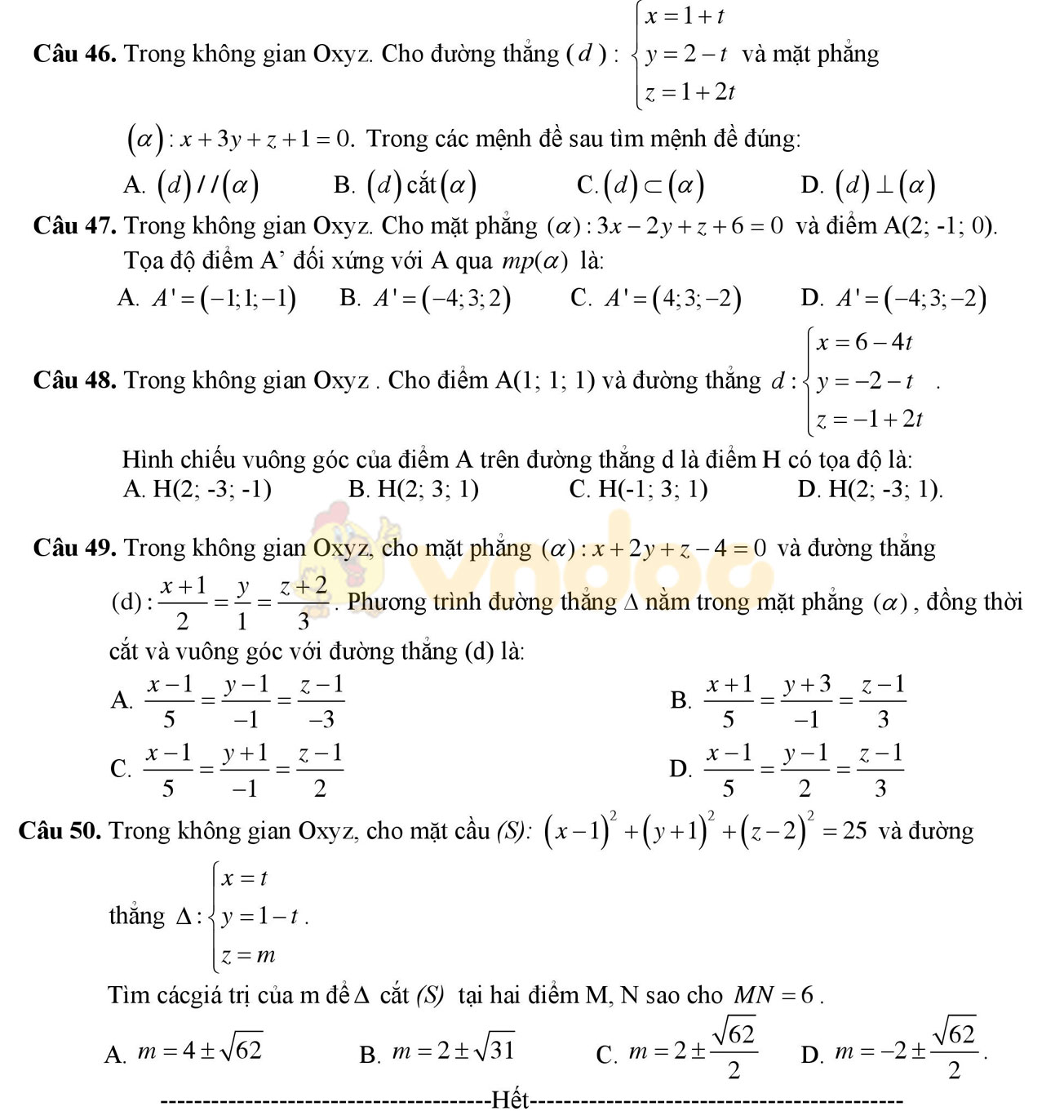 Đề thi học kì 2 môn Toán lớp 12
