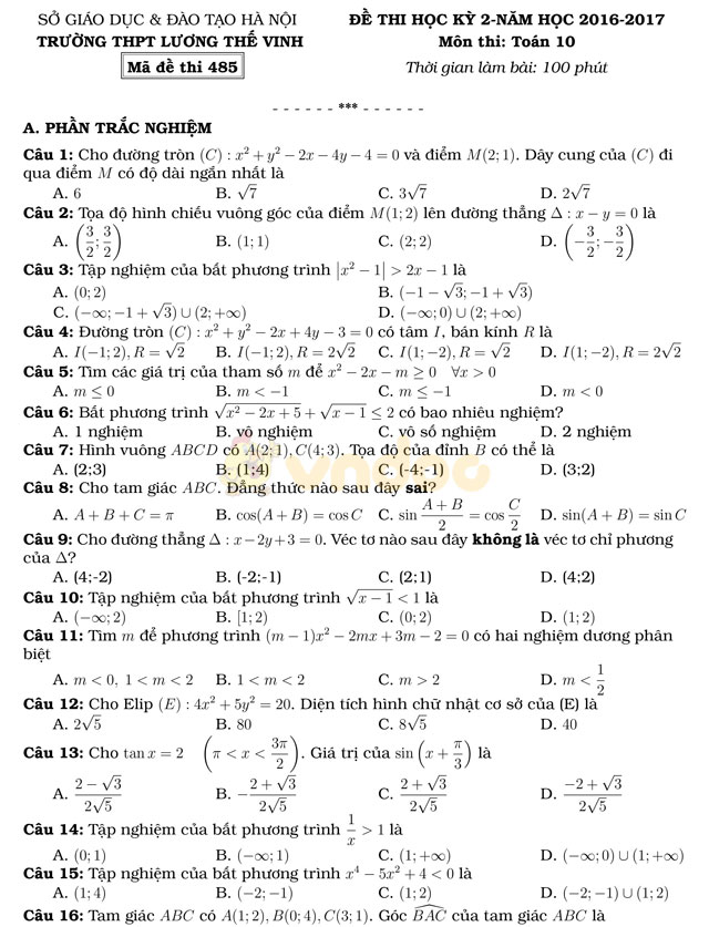 Đề thi học kì 2 môn Toán lớp 10