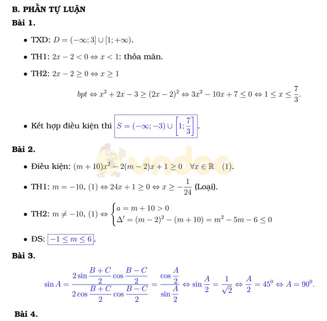 Đáp án đề thi học kì 2 môn Toán lớp 10