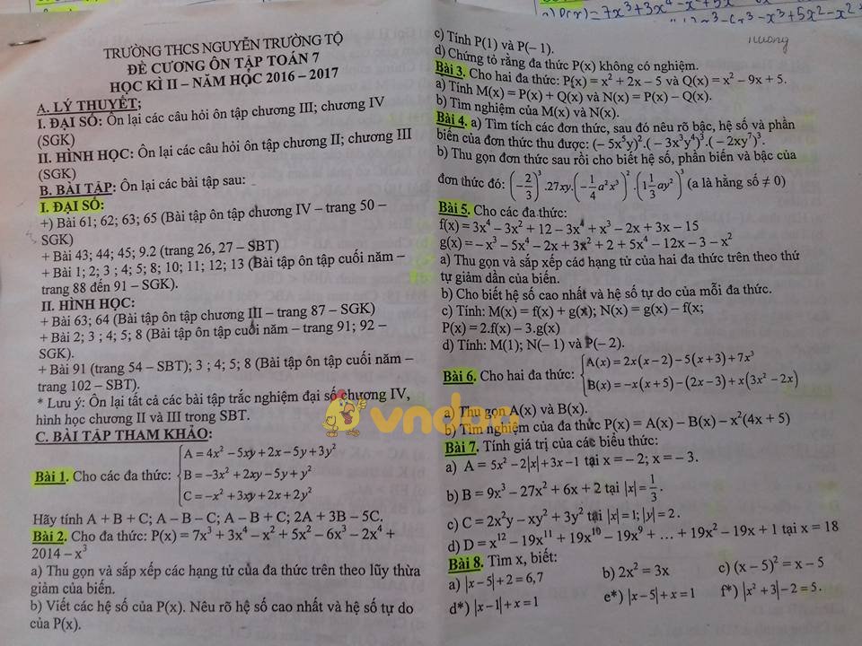 Đề cương ôn tập học kì 2 môn Toán lớp 7 trường THCS Nguyễn Trường Tộ năm học 2016 - 2017