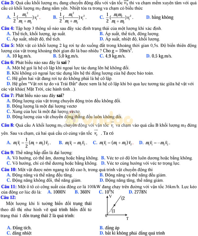 Đề thi học kì 2 môn Vật lý lớp 10 có đáp án
