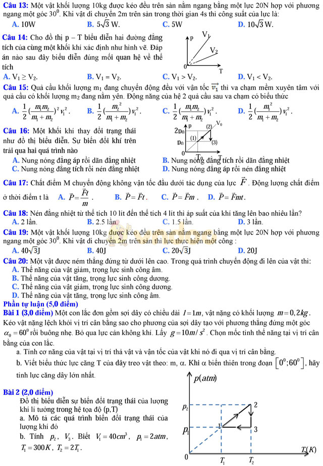 Đề thi học kì 2 môn Vật lý lớp 10 có đáp án
