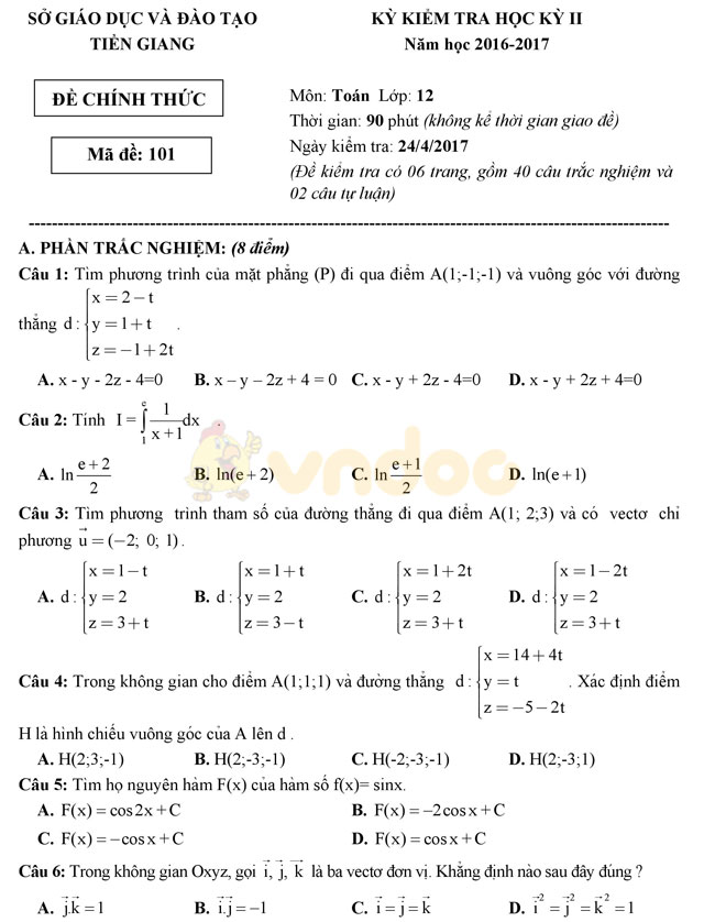 Đề thi học kì 2 lớp 12 môn Toán