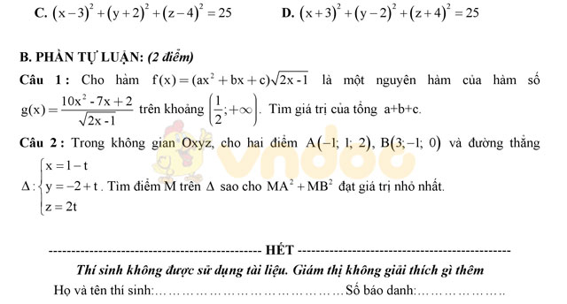 Đề thi học kì 2 lớp 12 môn Toán