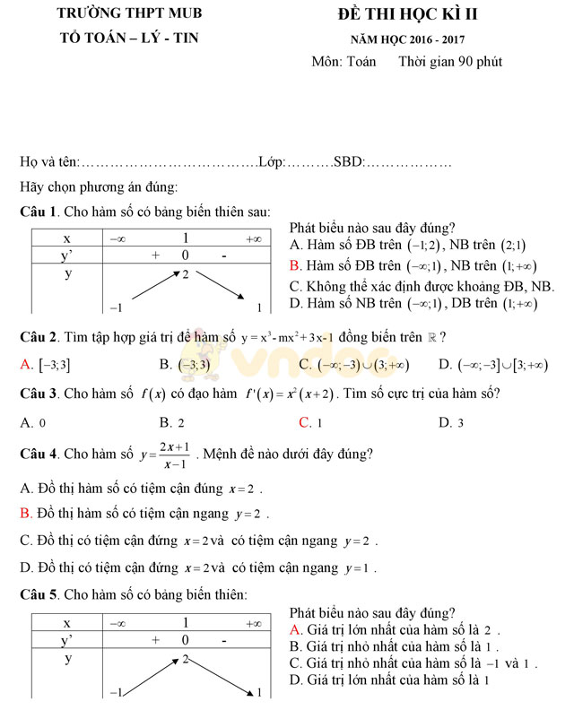Đề thi học kì 2 môn Toán lớp 12