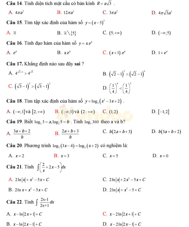 Đề thi học kì 2 môn Toán lớp 12
