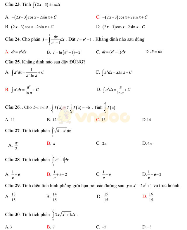 Đề thi học kì 2 môn Toán lớp 12