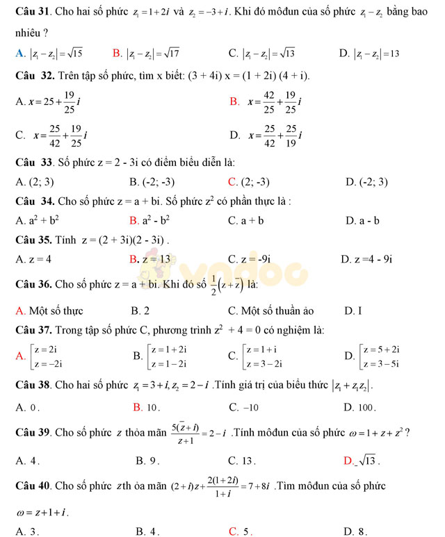 Đề thi học kì 2 môn Toán lớp 12