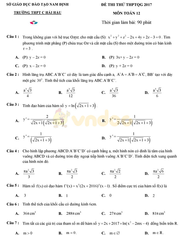 Đề thi thử THPT Quốc gia 2017 môn Toán
