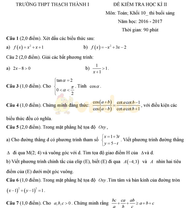 Đề thi học kì 2 lớp 10 môn Toán Đề thi học kì 2 lớp 10 môn Toán