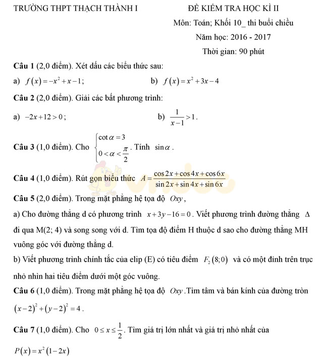 Đề thi học kì 2 lớp 10 môn Toán Đề thi học kì 2 lớp 10 môn Toán