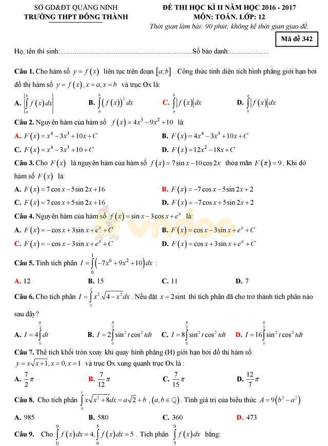 Đề thi học kì 2 lớp 12 môn Toán Đề thi học kì 2 lớp 12 môn Toán