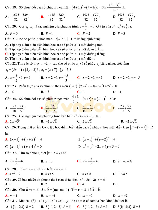Đề thi học kì 2 lớp 12 môn Toán Đề thi học kì 2 lớp 12 môn Toán