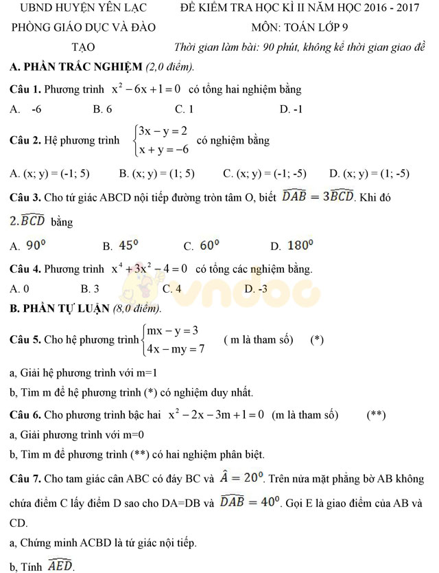 Đề thi học kì 2 lớp 9 môn Toán