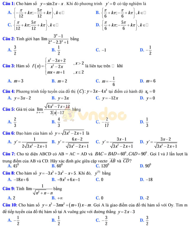 Bộ đề thi học kì 2 môn Toán lớp 11 trường THPT Đa Phúc, Hà Nội năm học 2016 - 2017 Bộ đề thi học kì 2 môn Toán lớp 11 có đáp án
