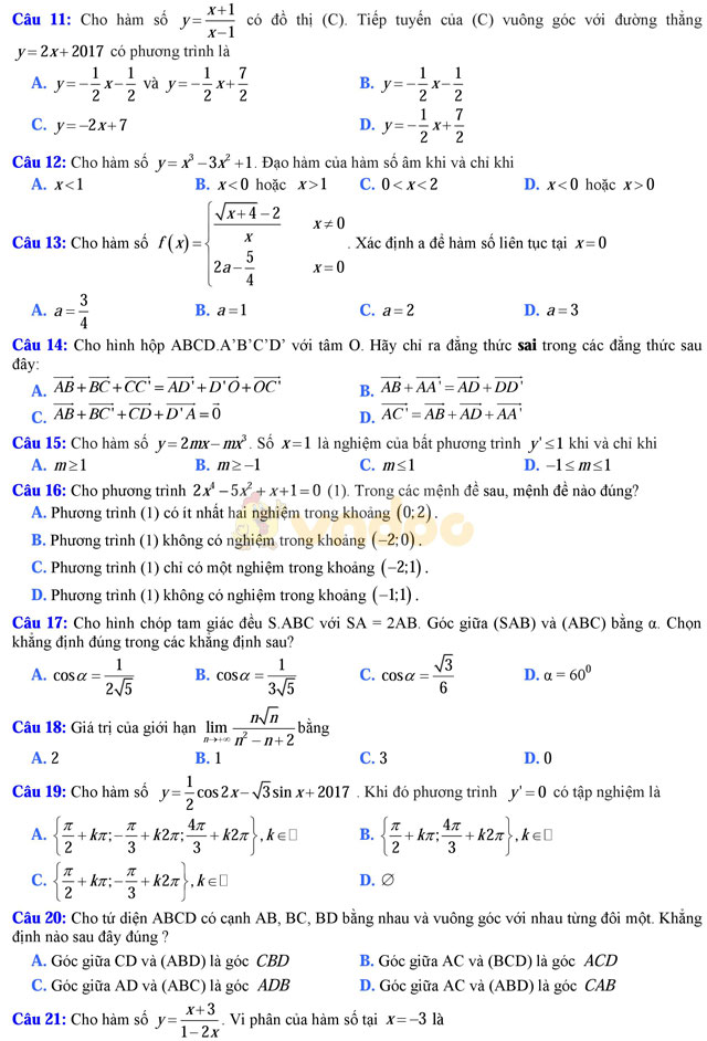 Bộ đề thi học kì 2 môn Toán lớp 11 trường THPT Đa Phúc, Hà Nội năm học 2016 - 2017 Bộ đề thi học kì 2 môn Toán lớp 11 có đáp án